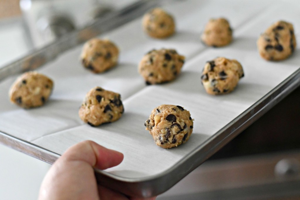 sheet pan of keto coconut chocolate chip cookies