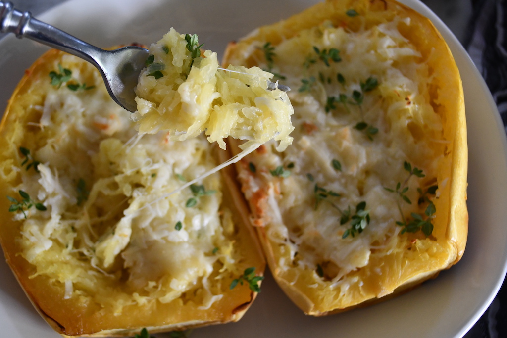 cheesy bite of twiced baked keto spaghetti squash