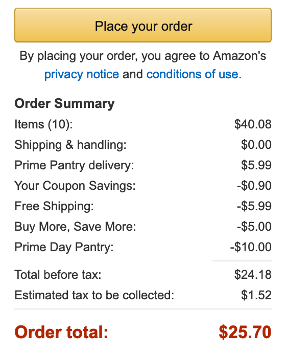 Amazon Prime Pantry order total