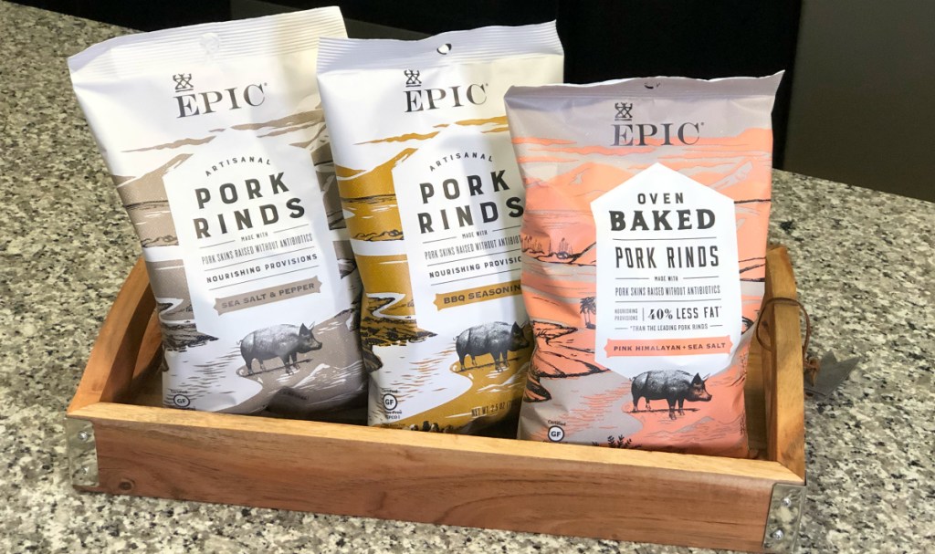 display of EPIC Pork Rinds bags on counter