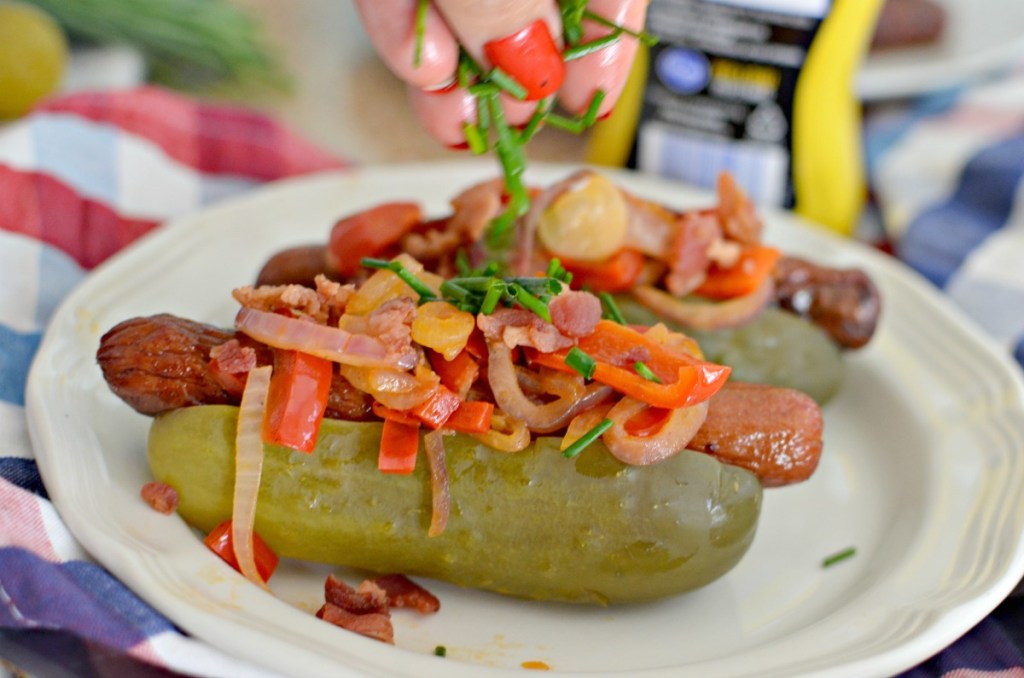 adding chives to a keto pickle dog