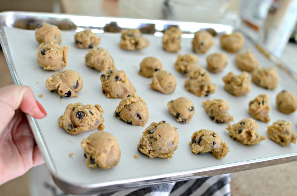 tray of chocolate chip cookie dough bites