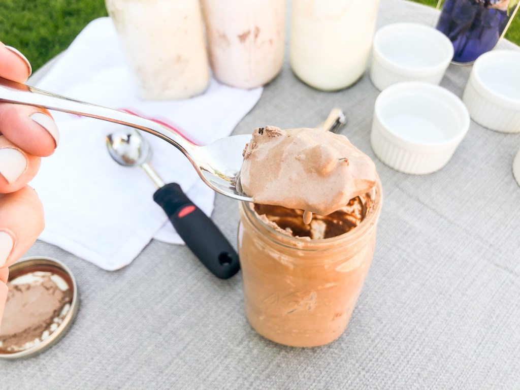 scoop of chocolate, coconut, pecan ice cream 