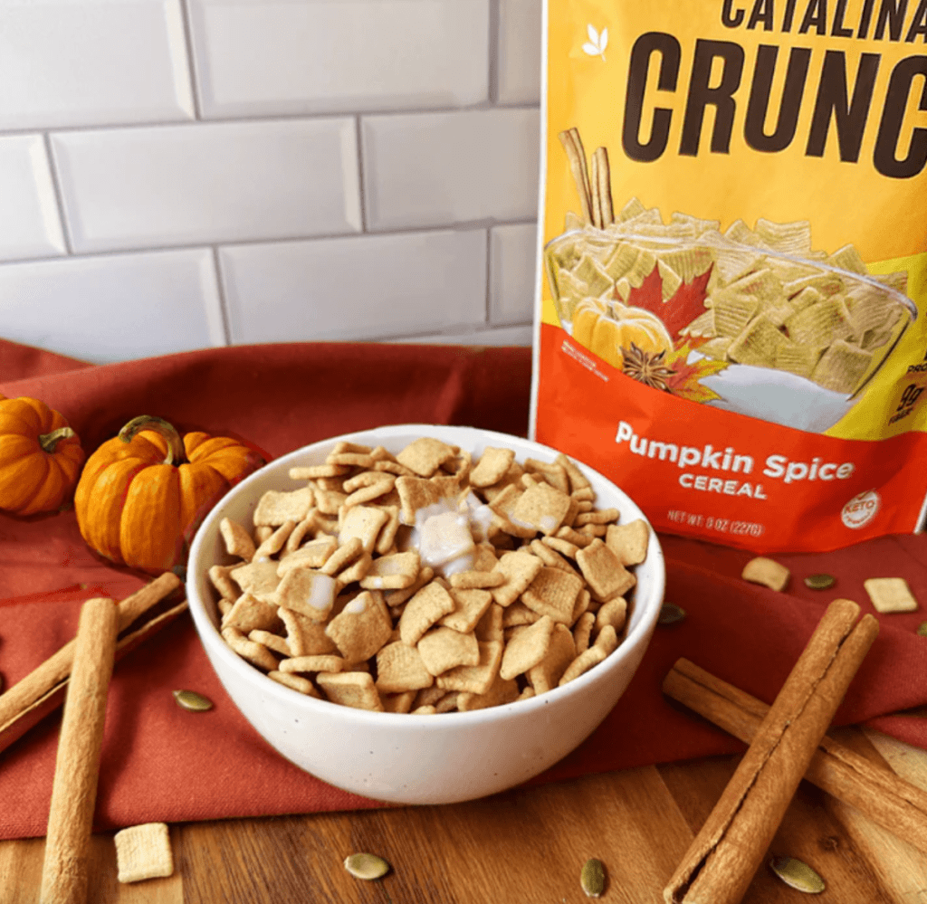 A bowl of Catalina Crunch Pumpkin Spice, which is a best keto cereal