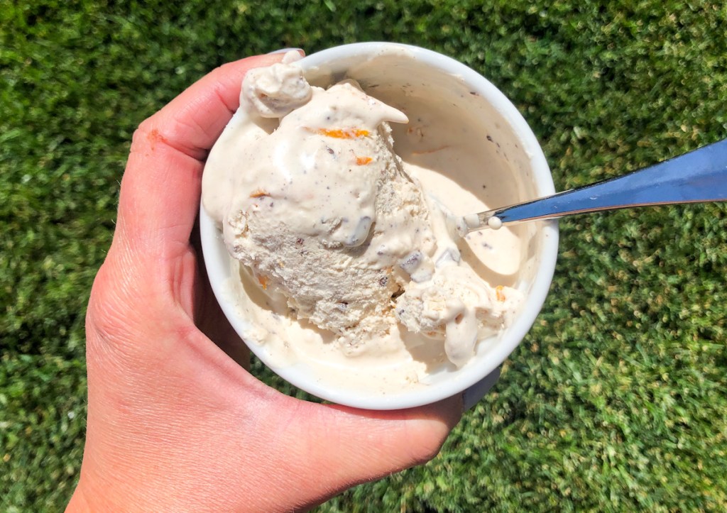 orange zest chocolate chunk keto ice cream in a bowl