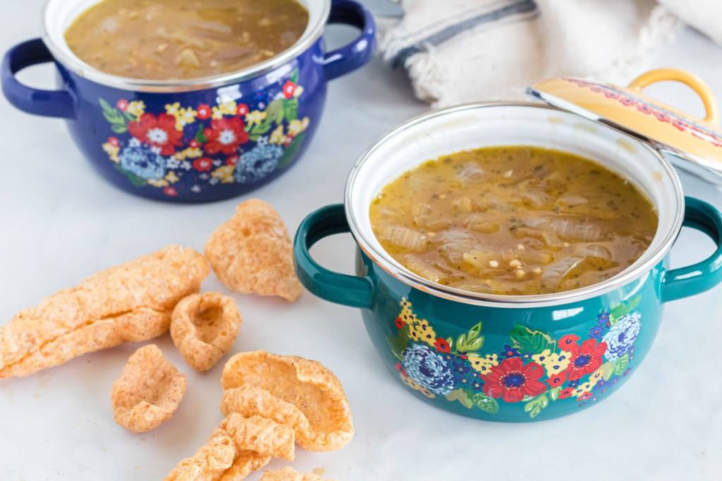 mini French onion soup bowls with a side of pork rinds