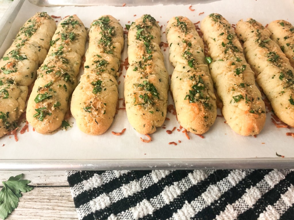 keto breadsticks on baking sheet