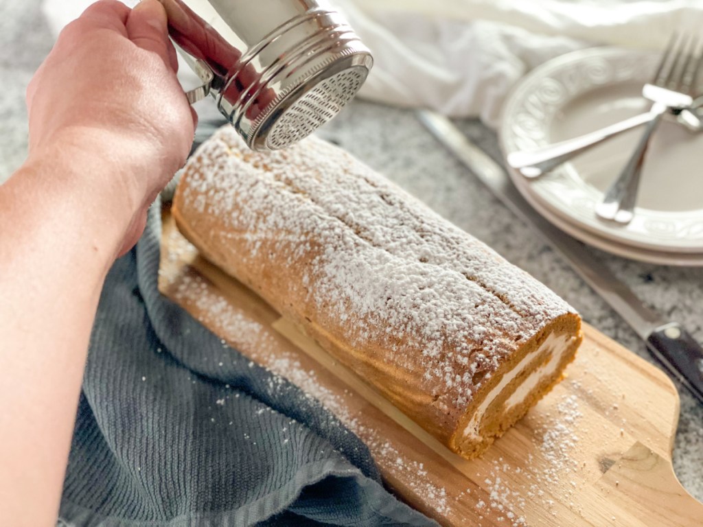 adding powdered keto sweetened to Keto Pumpkin Roll