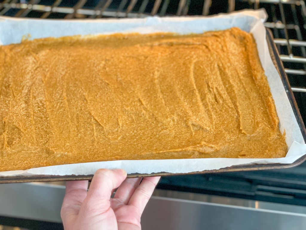 putting Keto Pumpkin Roll in the oven
