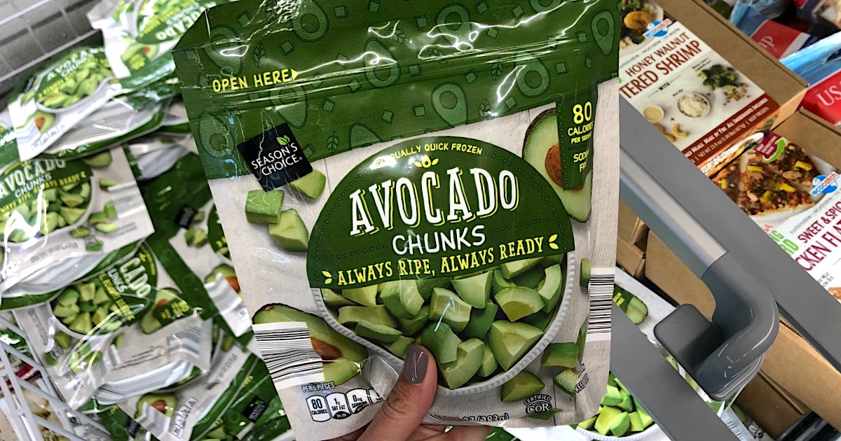 holding bag of frozen avocado chunks at ALDI 