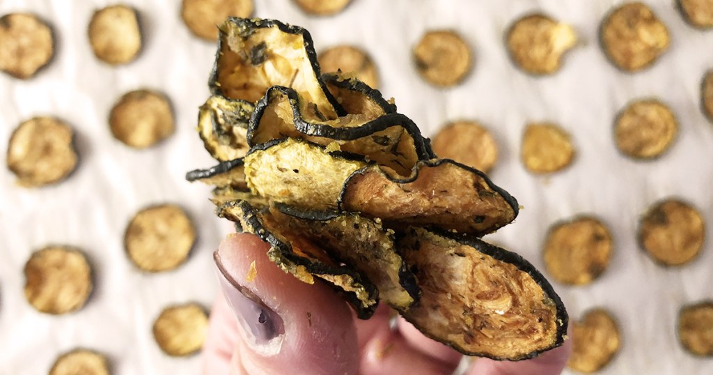 keto zucchini chips in hand