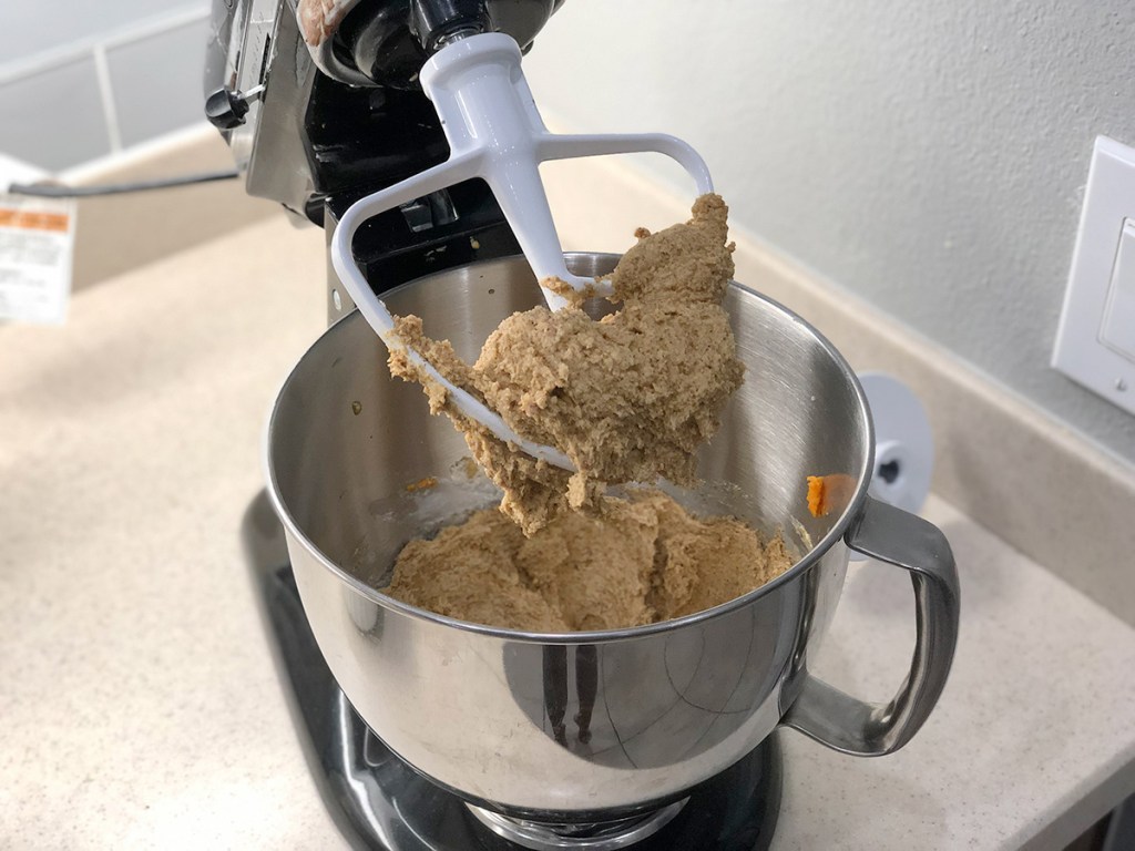 mixing bowl of pumpkin cookie mix
