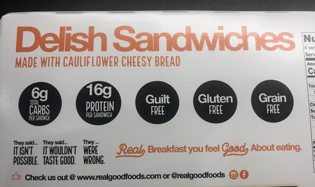 realgood foods cauliflower cheese bread breakfast sandwich box
