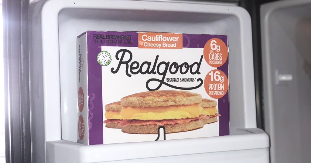 realgood foods cauliflower cheese bread breakfast sandwich box in freezer