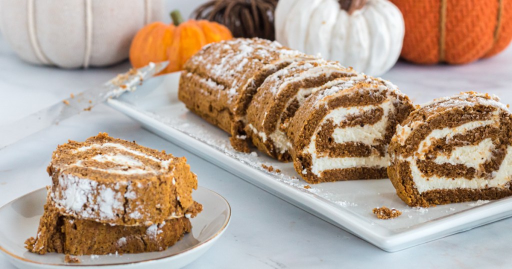 keto pumpkin swiss roll sliced up 