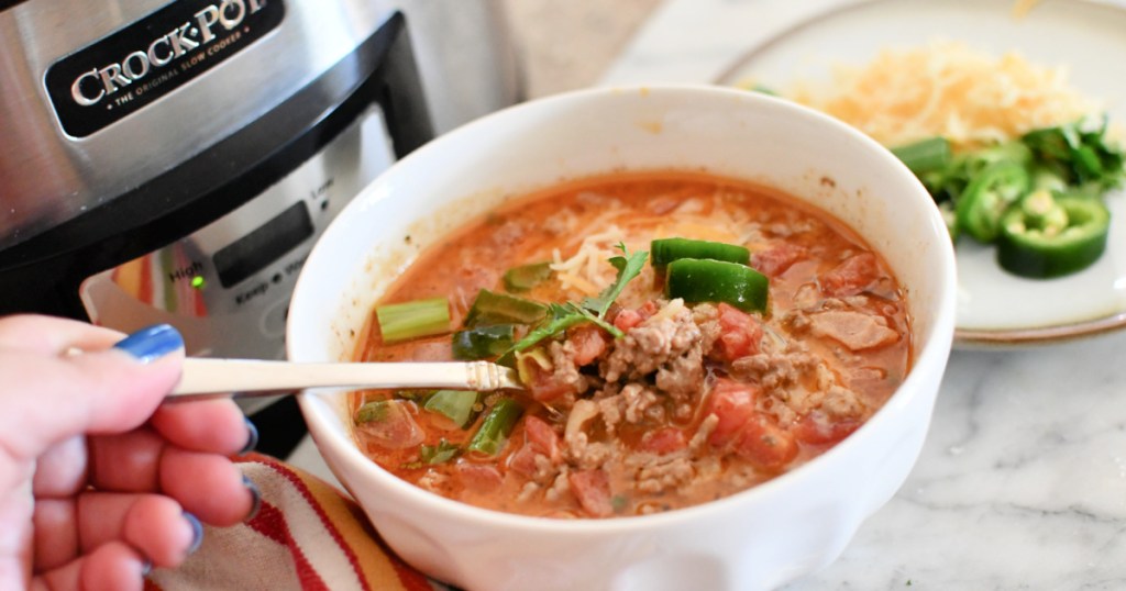 bowl of slow cooker keto taco soup