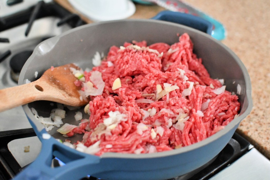 cooking ground beef with onion and garlic