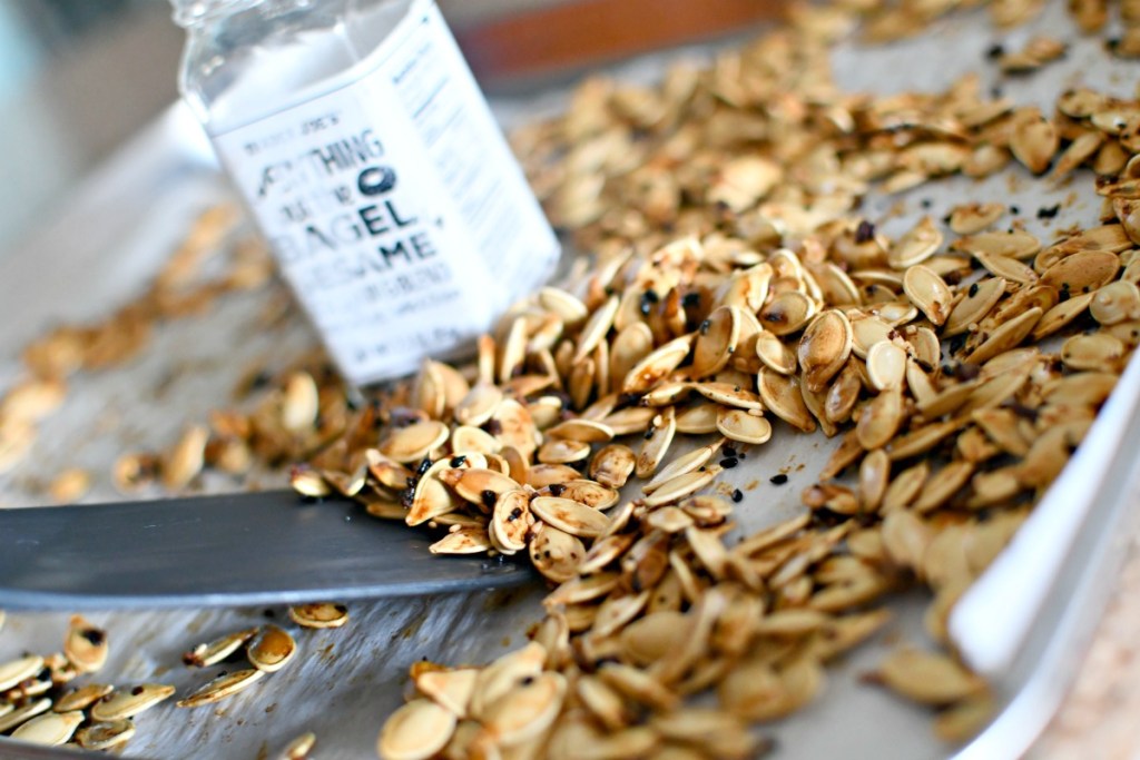 roasted everything bagel pumpkin seeds on a baking sheet