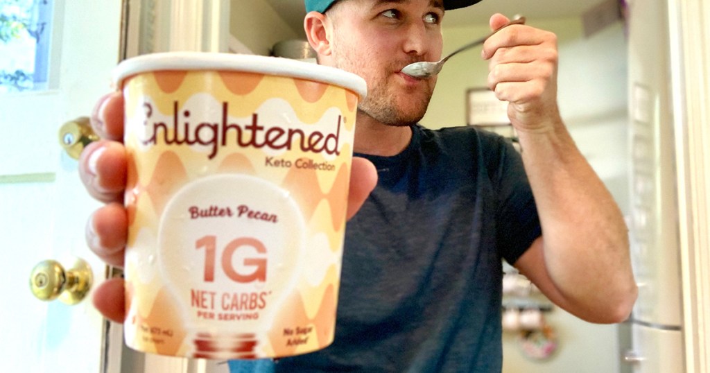 man eating keto ice cream as a snack idea of what to eat on the keto diet