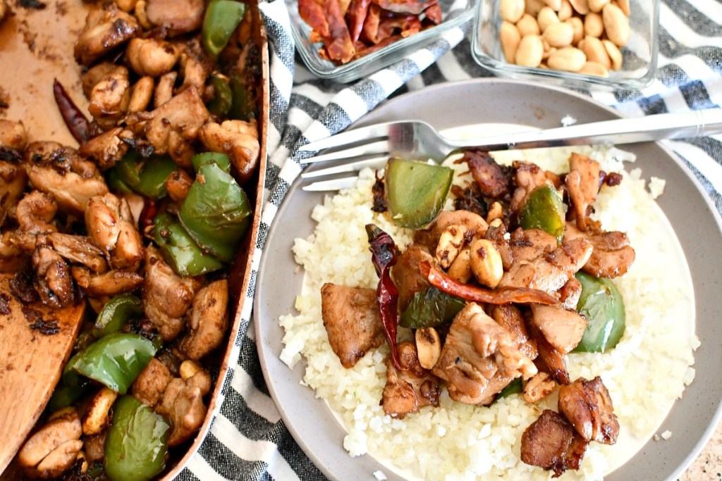 plated keto kung pao chicken with cauliflower rice 