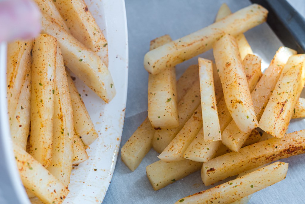 jicama fries tossed in seasoning