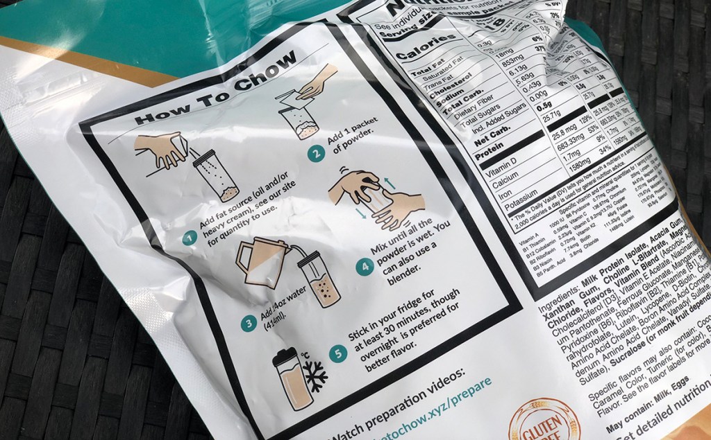 Keto Chow mixing instructions on bag