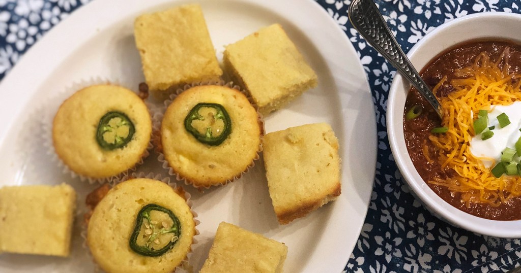 keto cornbread muffins and pieces with chili