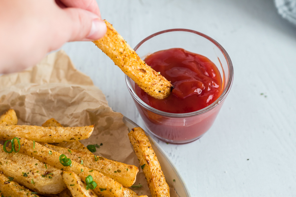 keto jicama fries in ketchup 