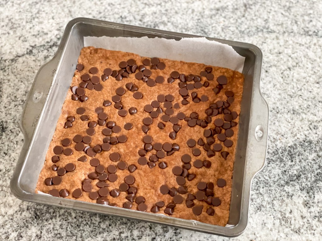 cookie dough protein bars in a pan