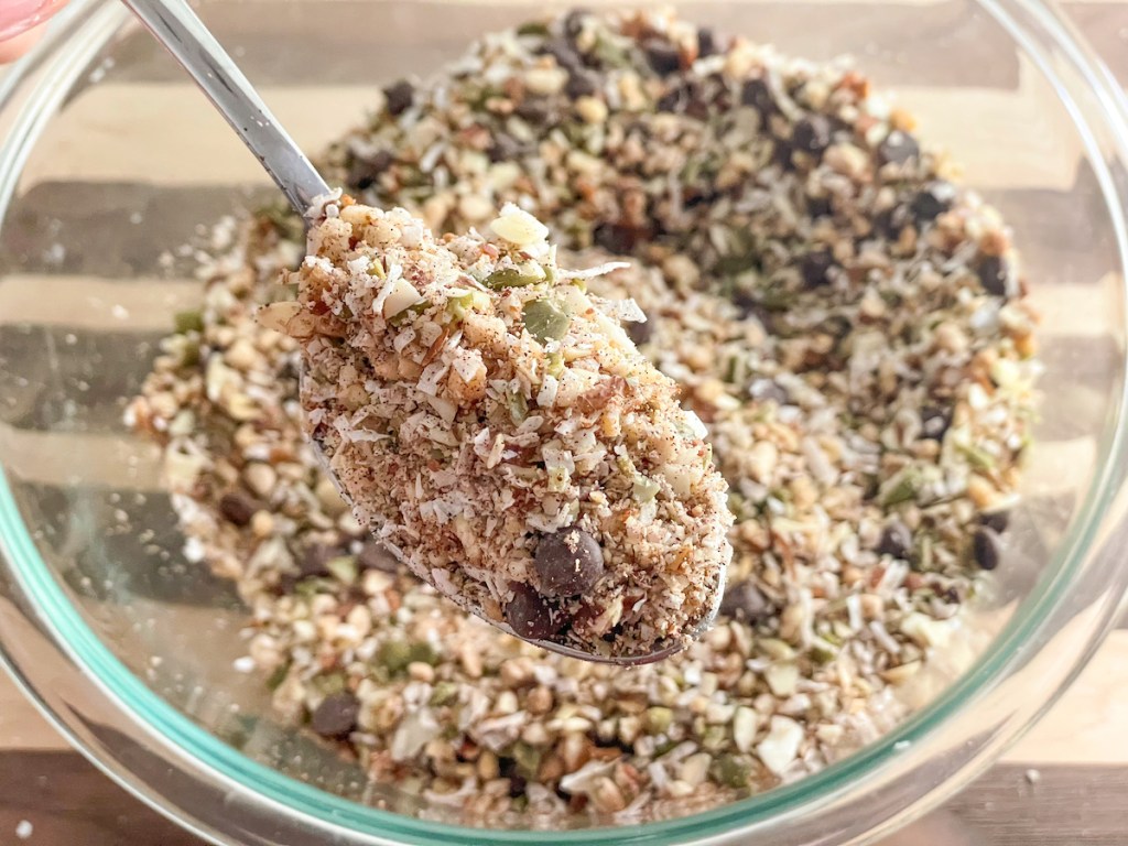 nut, coconut, keto chocolate chip mixutre for keto granola bars 