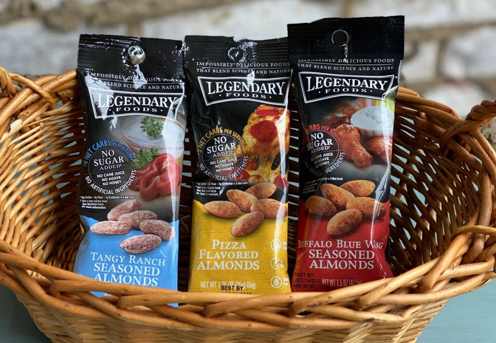 Legendary Foods Almond Packs in a basket