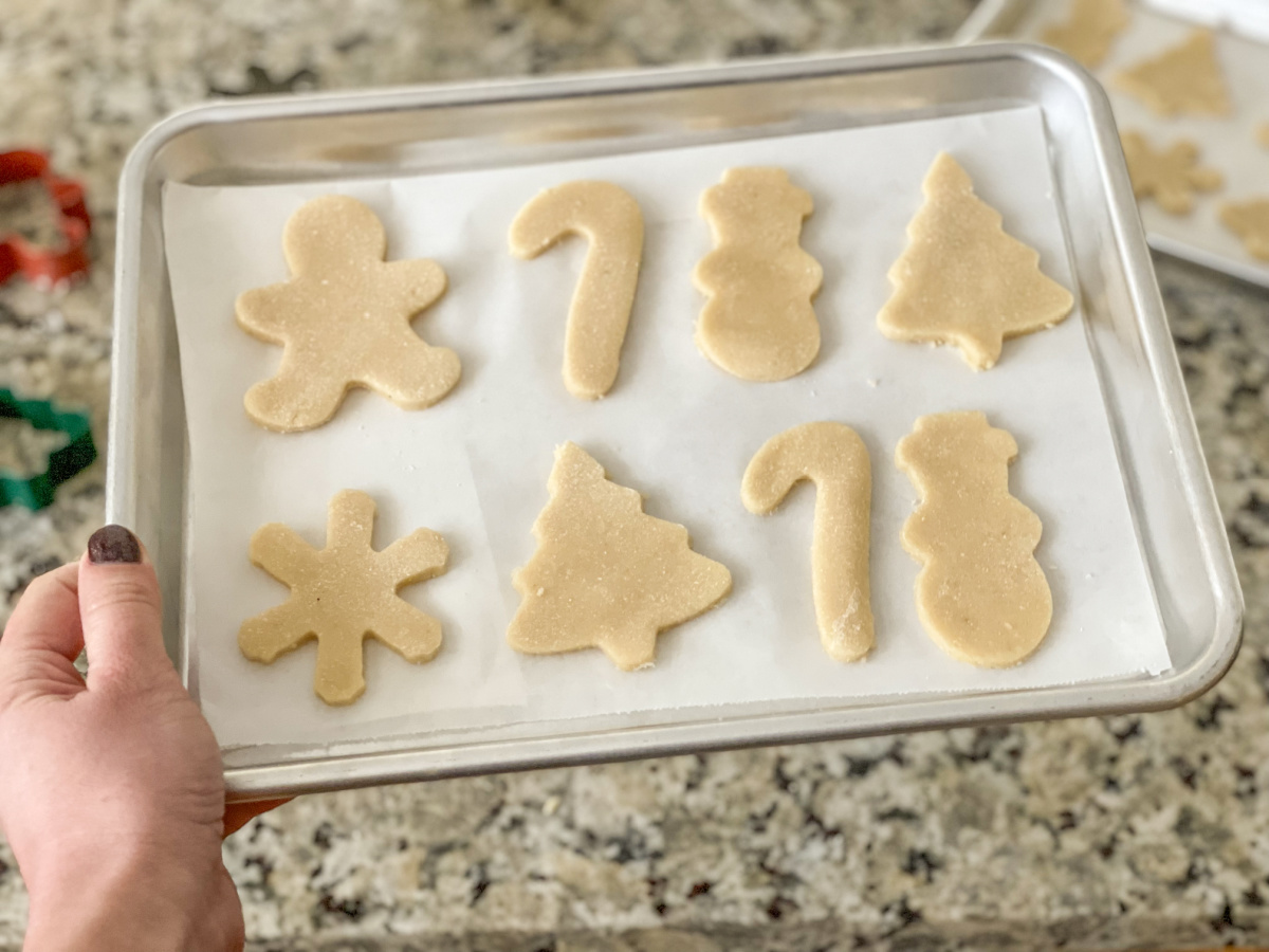 cut out soft keto sugar cookies on a baking tray