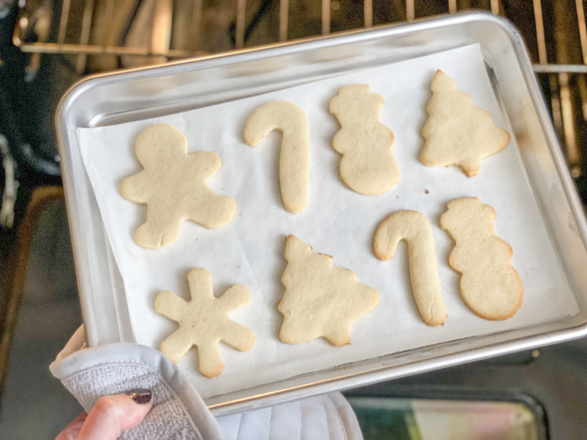 baked soft keto sugar cookies coming out of the oven