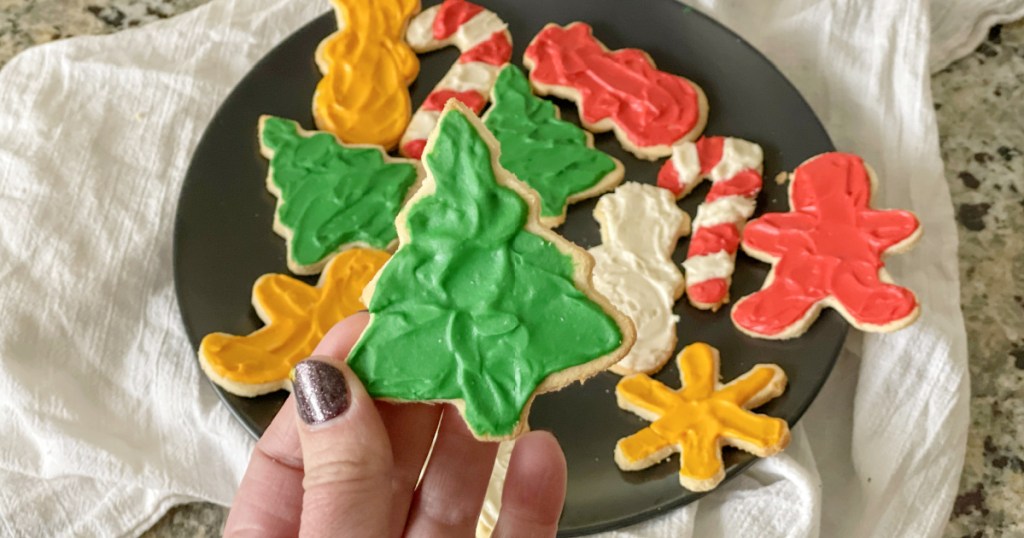 soft keto sugar cookies holding a tree