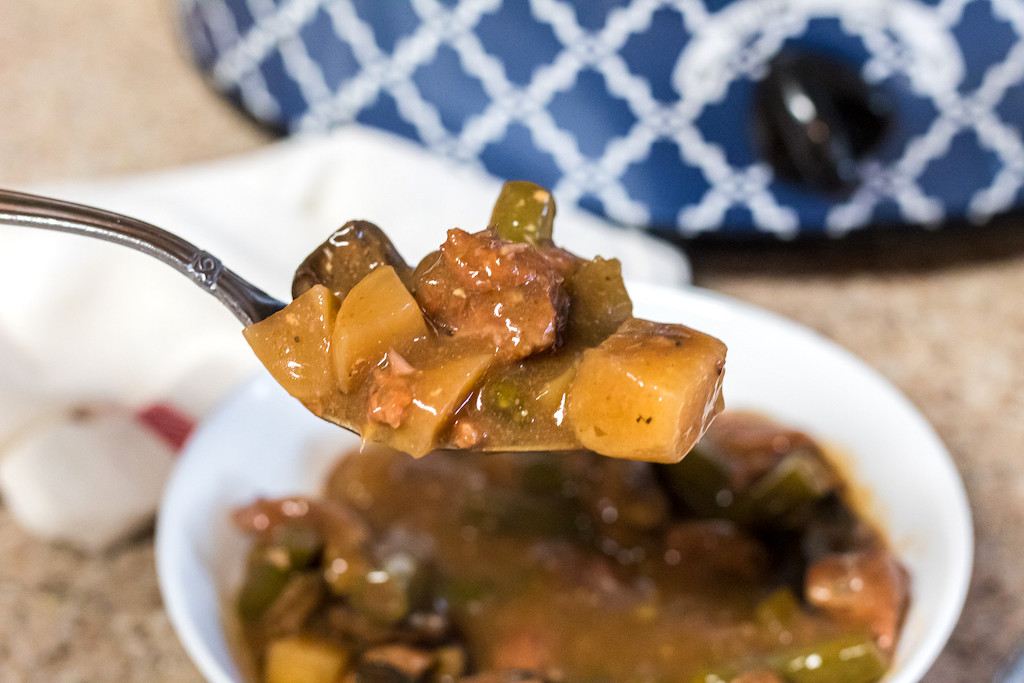 keto beef stew on spoon