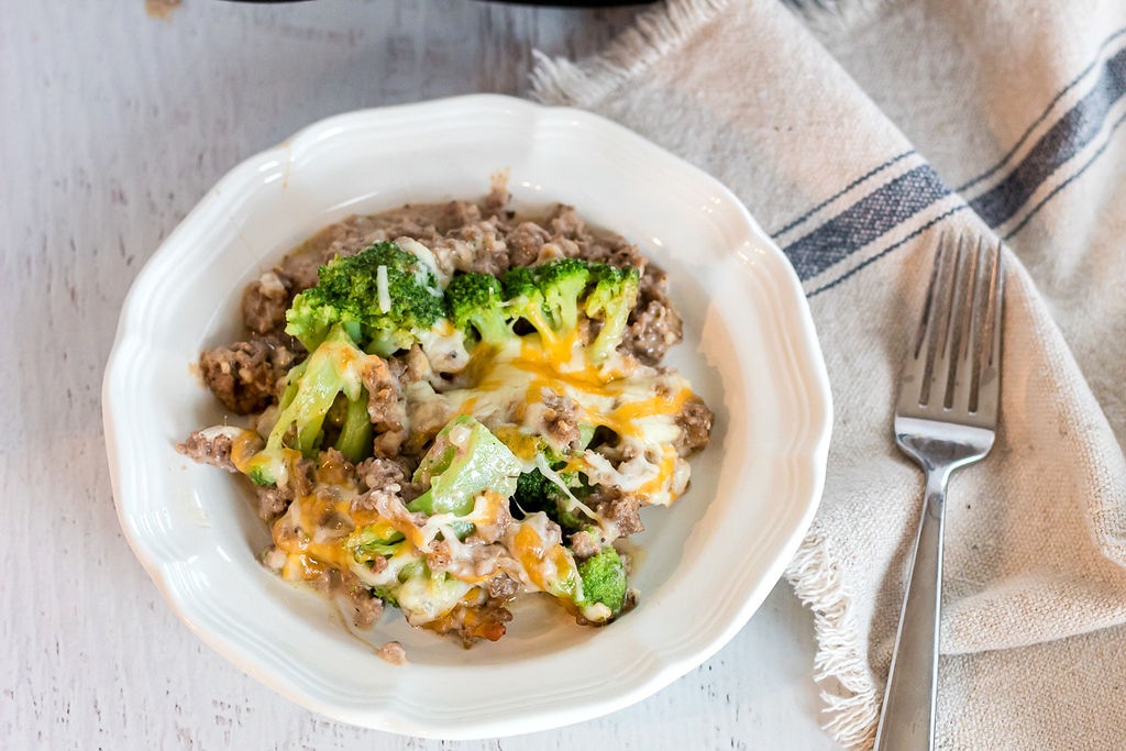 broccoli and ground beef casserole in bowl 