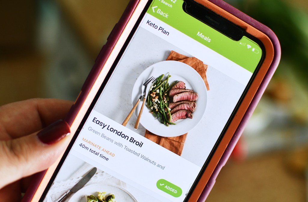 Smartphone with eMeals app and London Broil recipe