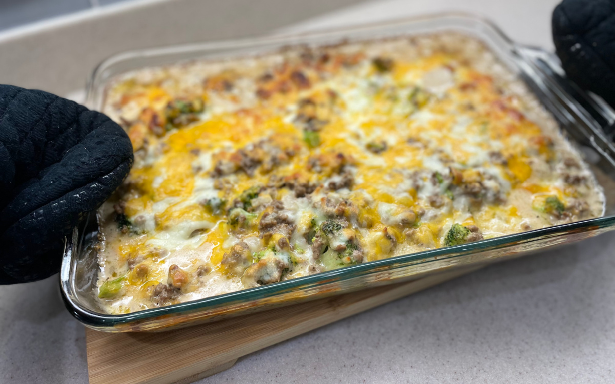 cheesy keto ground beef casserole out of the oven
