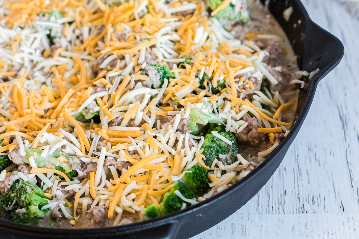 skillet with hamburger meat casserole