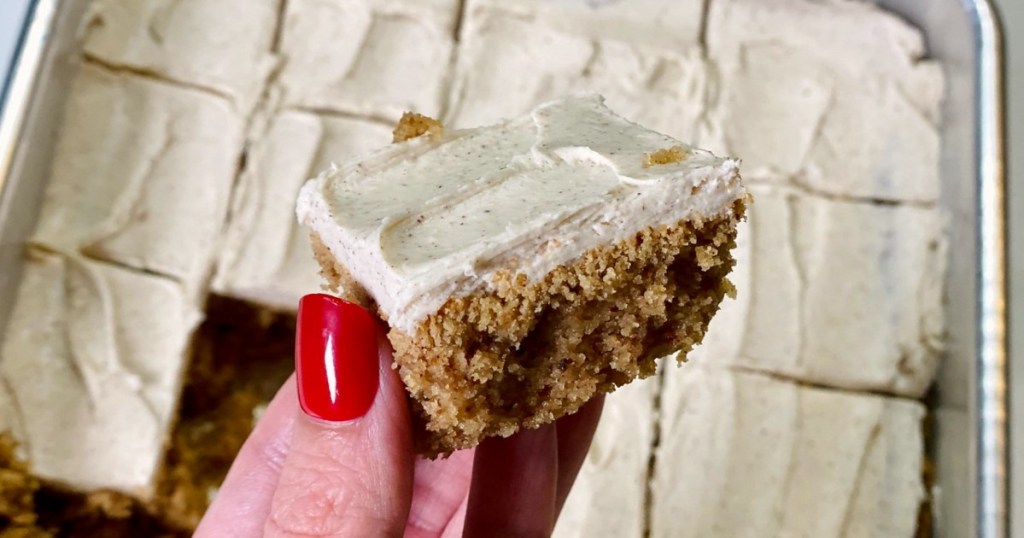 hand holding piece of Keto spice cake