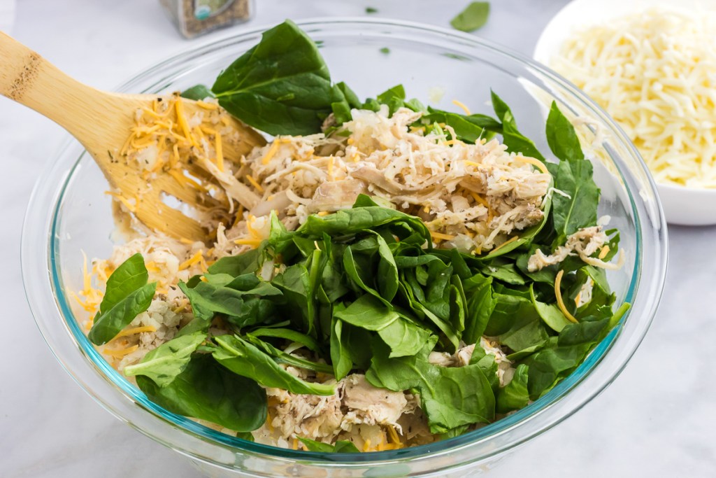 bowl of ingredients for Alfredo casserole