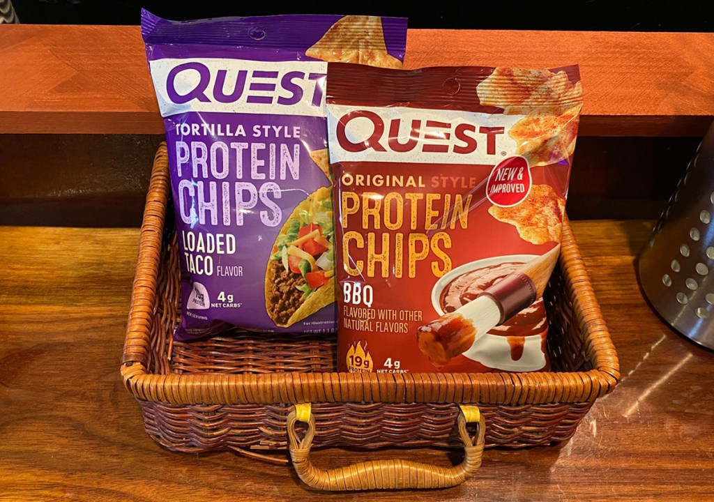 Quest protein chips in a basket