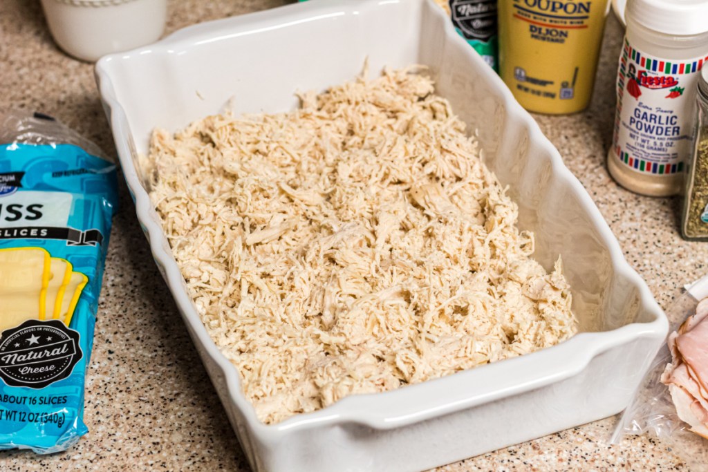 shredded chicken in casserole dish