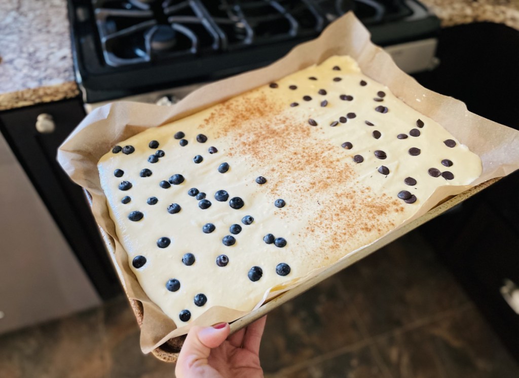 putting keto sheet pan pancakes into oven