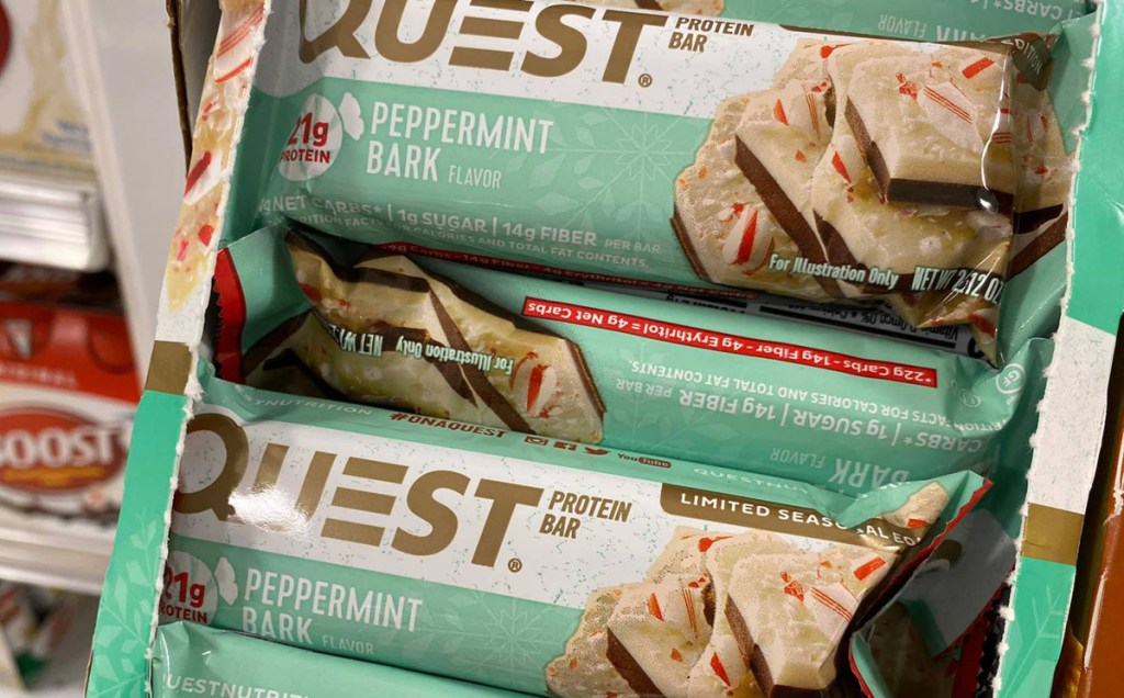 peppermint bark quest bar in box