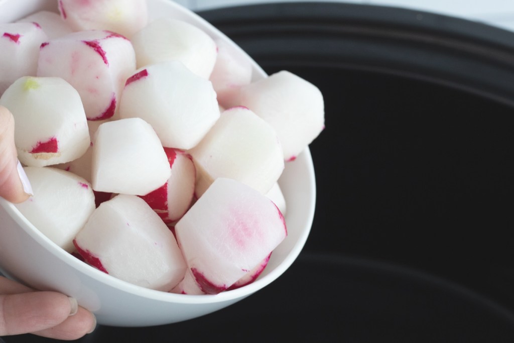 bowl of peeled radishes