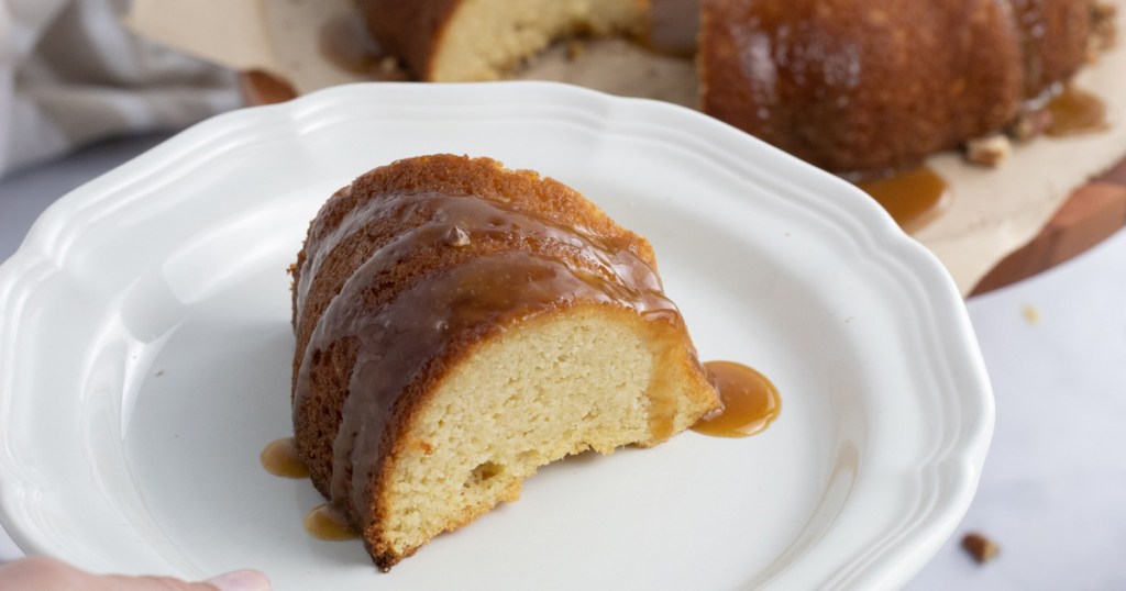 caramel bundt cake slice on plate