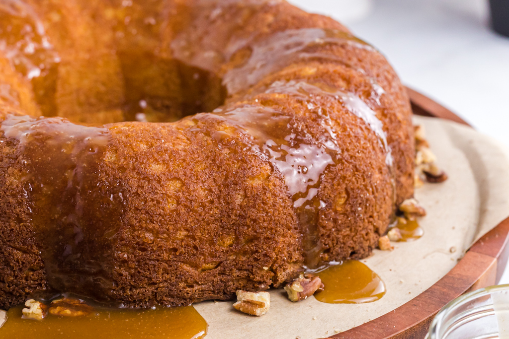 keto bundt cake with caramel glaze