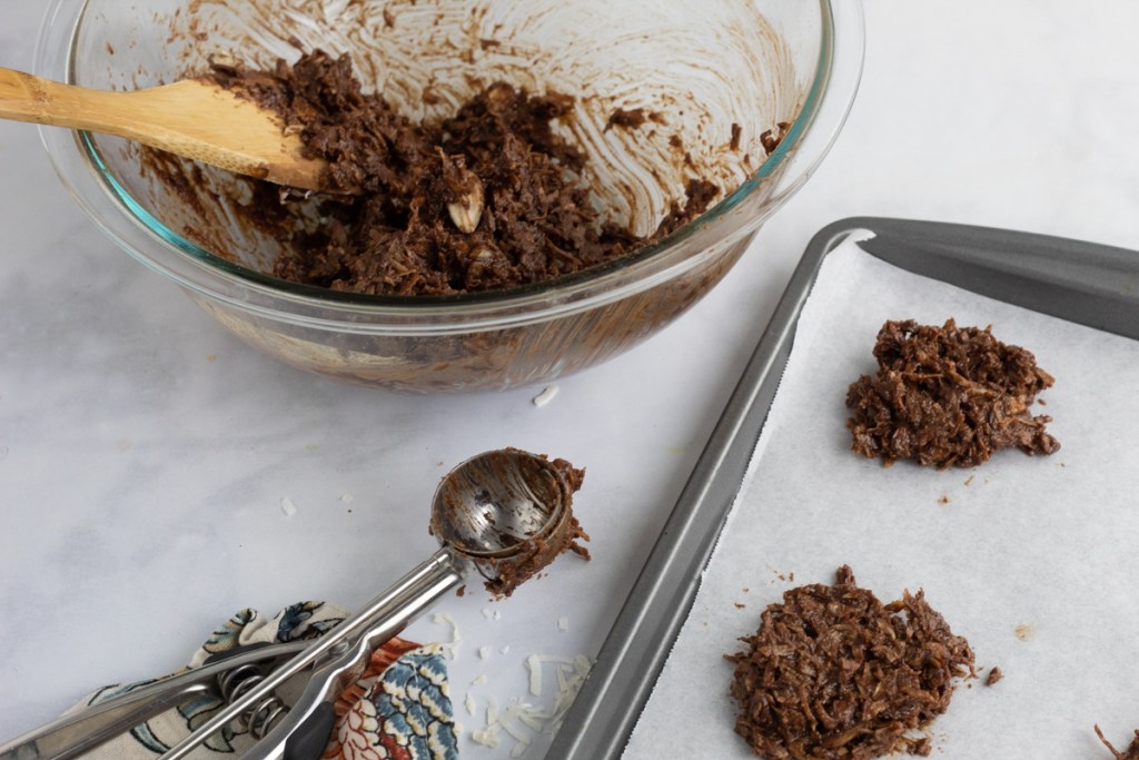 keto no bake cookies on a cookie sheet