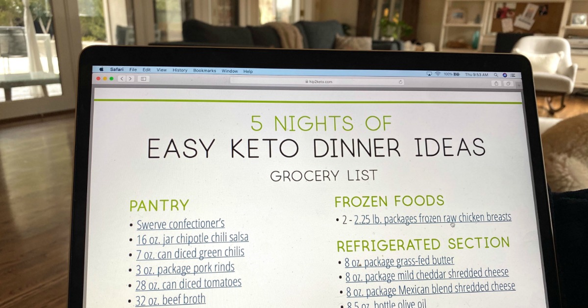 5 Nights Easy Keto Dinner Ideas grocery list on macbook